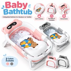 Baby Bathtub,Collapsible Bathtub for Newborn to Toddler,Durable Essential Infant Bath Tub,Portable Travel Baby Tub with Soft Cushion,No-Slip Hanging a