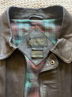 VTG Eddie Bauer Goose Down Leather Jacket Puffer Overcoat Brown Mens M LambVTG