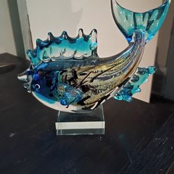 Vintage Hand-Blown Art Glass Fish Sculpture - Blue & Gold