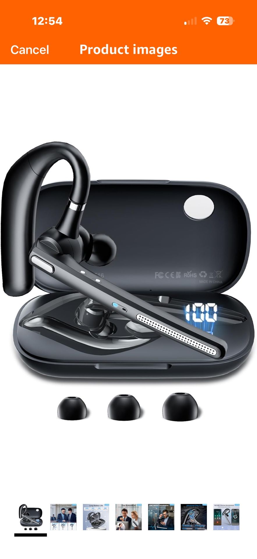 Bluetooth Headset V5.3, Wireless Earpiece with 500mAh Charging Case Hand-Free Headphones Noise Canceling Mic for Office/Driving/Business,Black