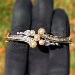 Jewelry Antique 14k solid Yellow Gold bangle natural diamonds pearls 0.70CTW 7.00” 20.9 grams 5.80mm