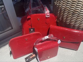 NEW Vanessa Williams 4-Piece Red Croc-Embossed Handbag Set - Satchel, Crossbody, Clutch + Pouch