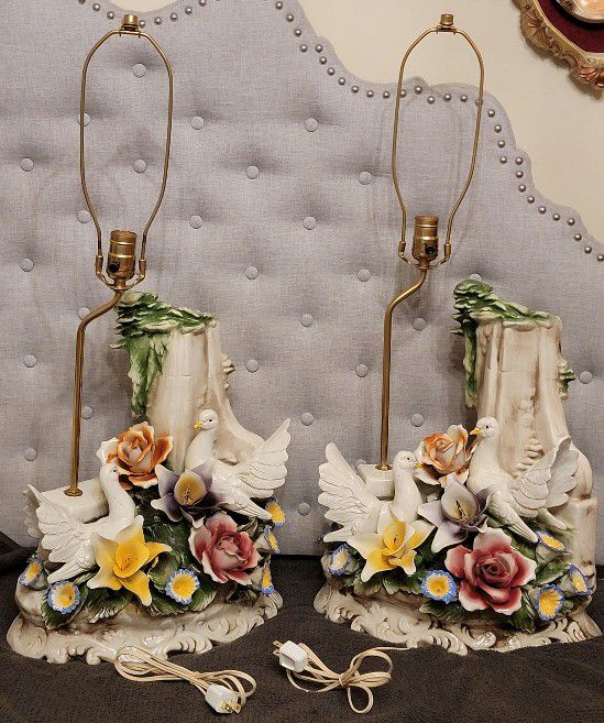 Vintage Capodimonte Italian Dove Lamps -- SIGNED