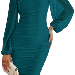 MEROKEETY Women's Long Sleeve Wedding Guest Formal Dress Fall Winter Ruched Bodycon Mesh Cocktail Party Midi Dresses