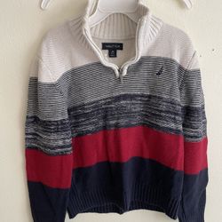 Boy's knitted sweater. • Style: 1/4 zipper stand collar sweater (Quarter-Zip Sweater), the neckline features a zipper design for easy putting on and t