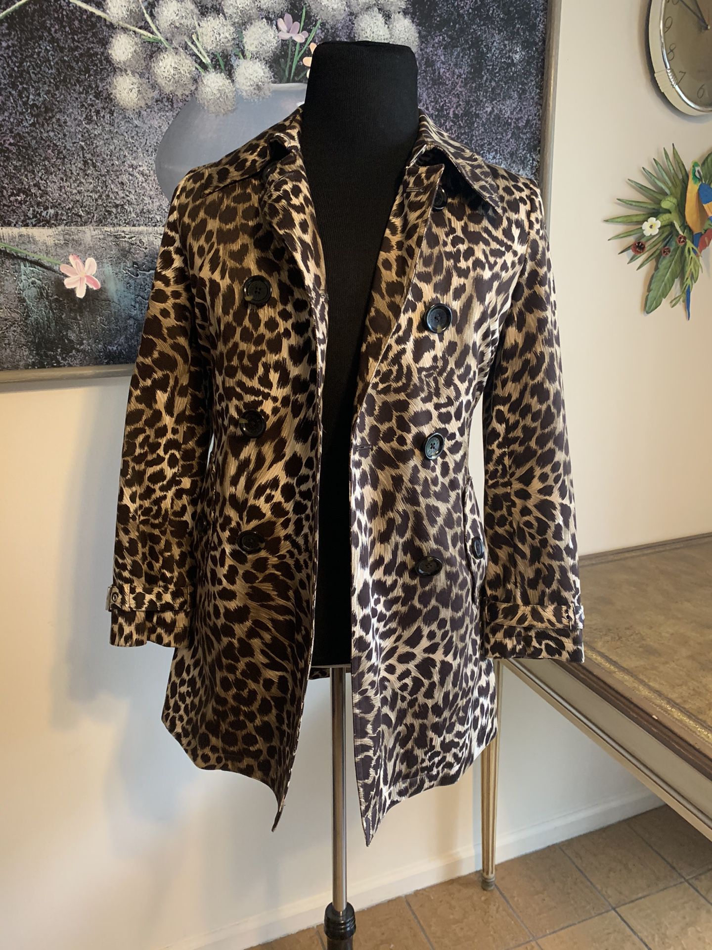 Michael Kors Double Breasted leopard jacket Trench Coat Womens Size Small SP