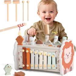 new Wooden Montessori Toys for 1 Year Old Boy 4 in 1 Toddler Learning Toys with Number Maze, Pounding Bench, Xylophone, Fishing Game Baby Sensory Toys