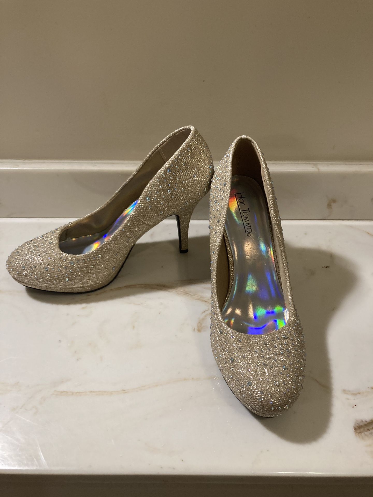 Gold Glitter and Rhinestone Heels, Size 8M