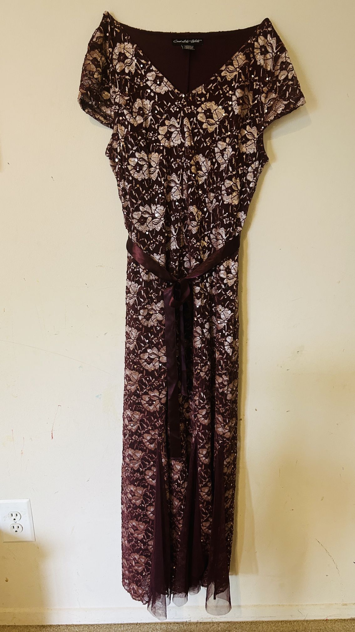 Candalite Burgundy & Gold Floral Lace Overlay Maxi Dress Size PM(stretchable)