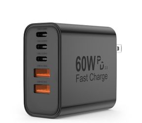 60W 5 in 1 Charging Blocks, PD 3.0 Fast Charger, QC 2A Black Wall Plug Multiport Type C Charging Block