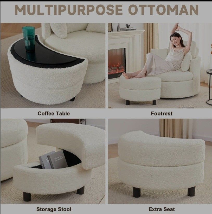 Swivel Chair with Half Moon Storage Ottoman, Round Oversized