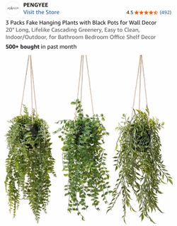 3 Packs Fake Hanging Plants with Black Pots for Wall Decor 20" Long, Lifelike Cascading Greenery, Easy to Clean, Indoor/Outdoor, for Bathroom Bedroom 