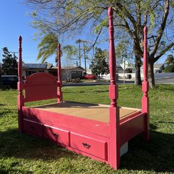 Solid Wood Hot Pink Tall 4 Poster Twin Bed Frame With Under Bed Drawer Storage