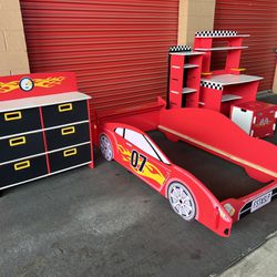Legare Red Racing Car Furniture Set (Twin Bed, Dresser/TV Stand, Shelf/Bookcase, Desk, Stool/Toy Bin)