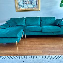 Green velvet L shape (reversible) couch