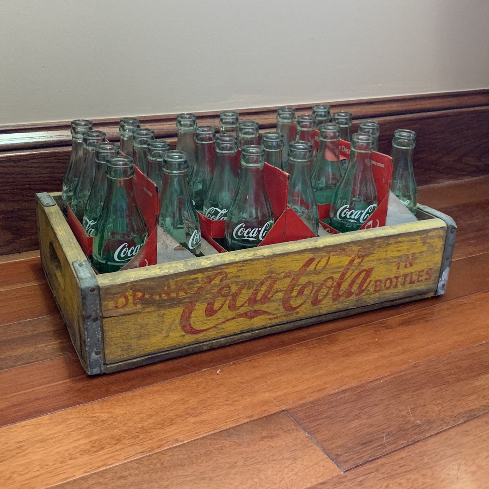 Vintage Coca Cola Yellow Wooden Crate With Bottles And Paper Cases