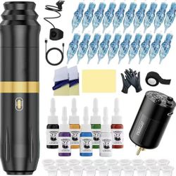 Tattoo Gun Kit with Wireless Rotary Tattoo Machine, 1500mAh Battery, 20 Tattoo Cartridge Needles, 7 Tattoo Inks, Tattoo pen for Beginners and Professi