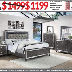 4pc Bedroom Set $1199 Queen $1299 Eastern King Includes bedframe Dresser mirror nightstand Black Mirrored Bedroom Set