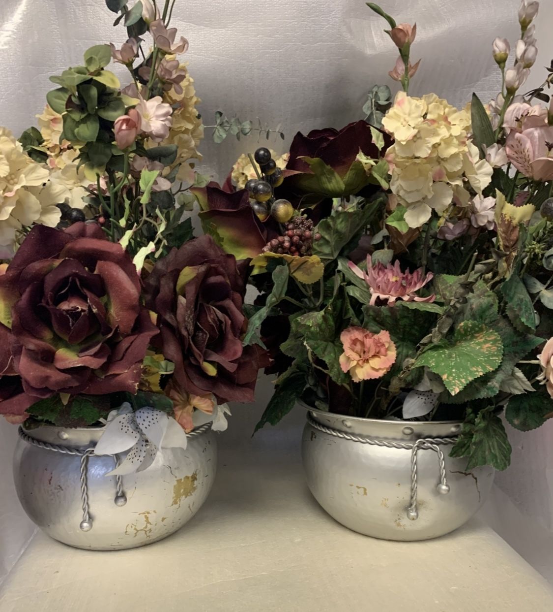 Pair Faux Floral Arrangements in Solid Brass India Pots 9”x5.5” Vintage PWF