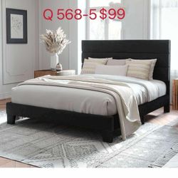 Queen Size Platform Bed Frame with Velvet Upholstered Headboard and Wooden Slats Support, Black(568-5)
