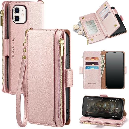 Antsturdy Compatible with iPhone 12 Wallet Case,RFID Blocking PU Leather Phone Case Women Men Kickstand Flip Cover Wrist Strap Zipper Credit Card Hold