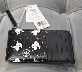 Tory Burch Robinson Black Leather Tossed White Bow Printed Zip Card Case Wallet