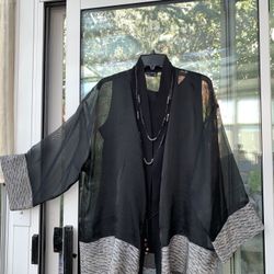 Black Organza Jacket With Kimono Fabric Trim