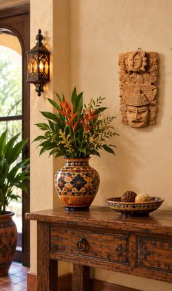 Striking-Aztec-Maya inspired terracotta mask-hanging sculpture-sun & moon face
