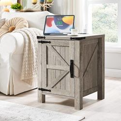 E822 $50  Nightstand with Charging Station, 18 Inch Farmhouse End Table with Barn Door and Adjustable Storage Shelf, Rustic Wood Sofa Side Table w/Mag