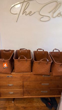 Hand Woven Baskets for Storage, 4Pcs Water-Resistant Wicker Baskets, Brown Wicker Storage Baskets for Shelves, Large Basket with Handle for Organizing