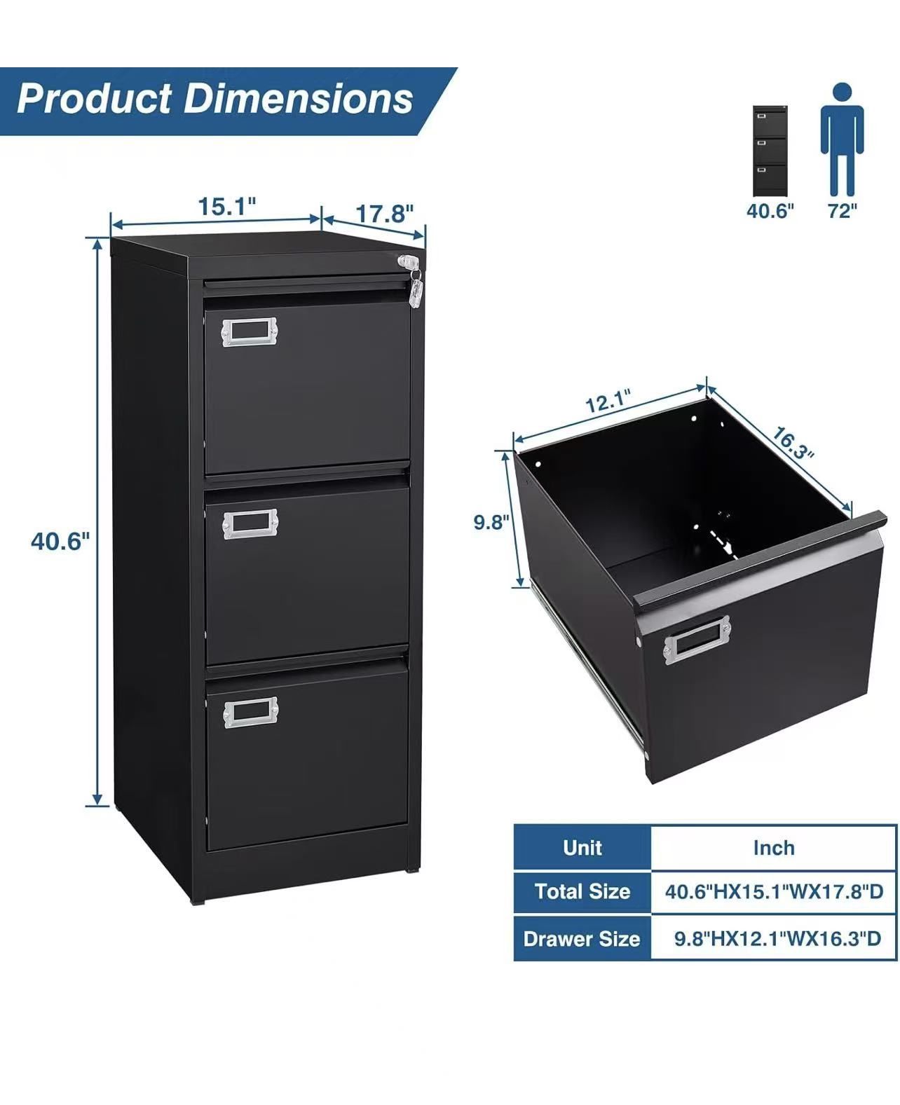 🥨3-Drawer File Cabinet, 16.3" Deep Vertical Filing Cabinet with Lock, Metal File Cabinet for Home Office, Anti-Tip 3 Storage Drawers 
