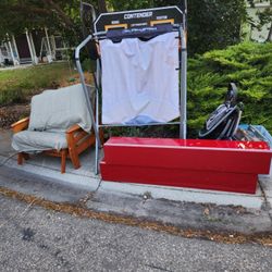 Free Stuff! Indoor basketball double hoop, two lrg Red locker cabinets, luv seat futon, 3 wheel stroller, tub with easter stuff! 