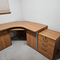 Woodgrain Corner Desk With Matching File Cabinet