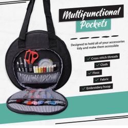Embroidery Bag, Double-Layer Round Embroidery Project Storage Bag for Storing Embroidery Kits and Cross Stitch Kits, with Handle and Shoulder Strap, B