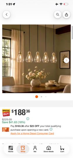 5-Light Glass Pendant Chandelier Gold Finish