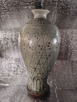 SALE Korean Celadon Vase 13" Tall Estate Sale Find Maker's Mark