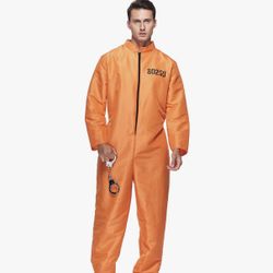 Men Prisoner Costume Halloween Orange Jumpsuit Adult Jailbird Escaped Inmate Suit