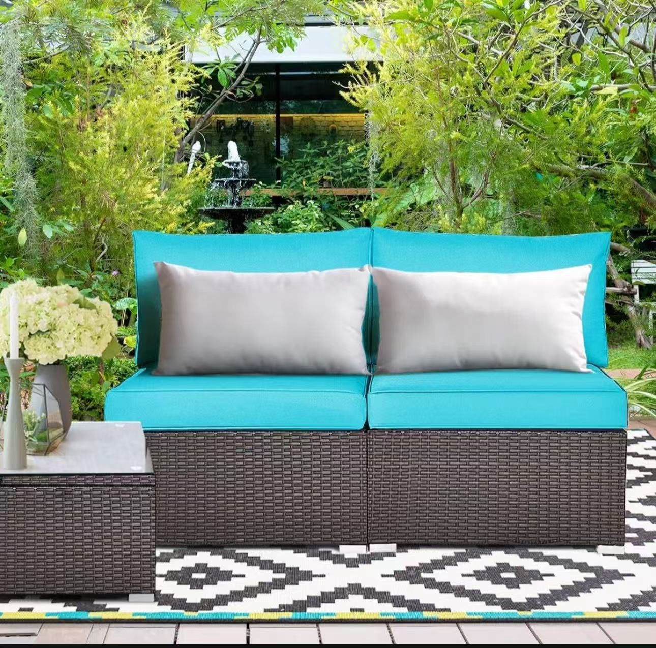 3 PCs Rattan Armless Sofa - Patio Wicker Sectional Conversation Sofa Set with Removable Cushions, Heavy-Duty Steel Frame, Outdoor Furniture Set f