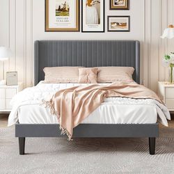 Queen Size Velvet Bed Frame with Vertical Channel Tufted Wingback Headboard, Upholstered Platform Bed with Wood Slats, No Box Spring Needed, Easy Asse