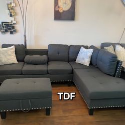 Brand New Dark Grey Sectional Sofa + Storage Ottoman (New In Box) 