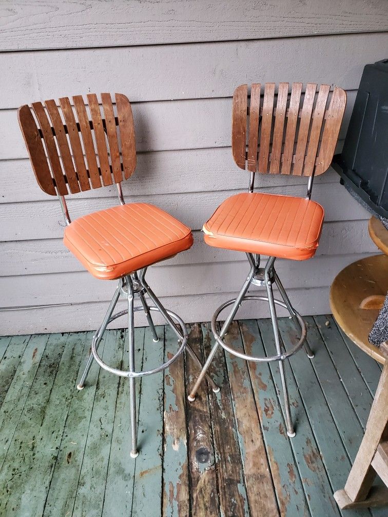 Vintage Slatted Walnut Bar Stools