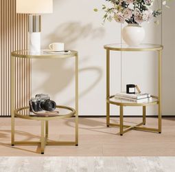 End Tables Set of 2, Round Side Tables for Living Room, 2-Tier Metal Frame Tempered Glass Side Table with Storage for Couch, Bedroo