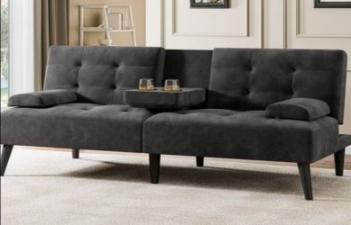 64" Futon Sofa Bed, Convertible Loveseat with 2 Cup Holders, Small Couch with 3 Adjustable Angles & Removable Armrests, Sleeper Sofa for Apartment