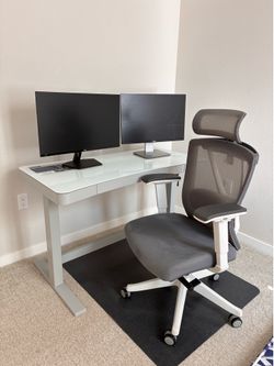 Complete Home Office Setup – Standing Desk, Autonomous Ergonomic Chair, Dual Dell Monitors & Cable Management Box