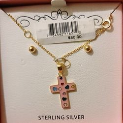 Children's Sterling Silver Pink Enamel Cross Necklace and Round Studs NIB