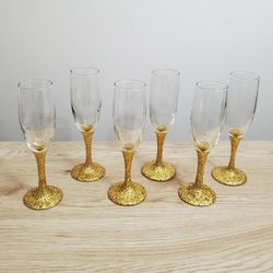 NEW SET of (6) Handcrafted DYI Gold Glitter Glass Champagne Glasses