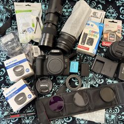 Canon EOS 850D (Rebel T8i) DSLR Camera w/ 18-55mm Lens + 75-300mm III Lens + 420-800mm Zoom Lens + Wide Angle Lens + Telephoto Lens + 128GB Memory +  