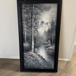 Vintage Black White Riverscape Misty Mountains  Oil Painting By M. Scott 14x27