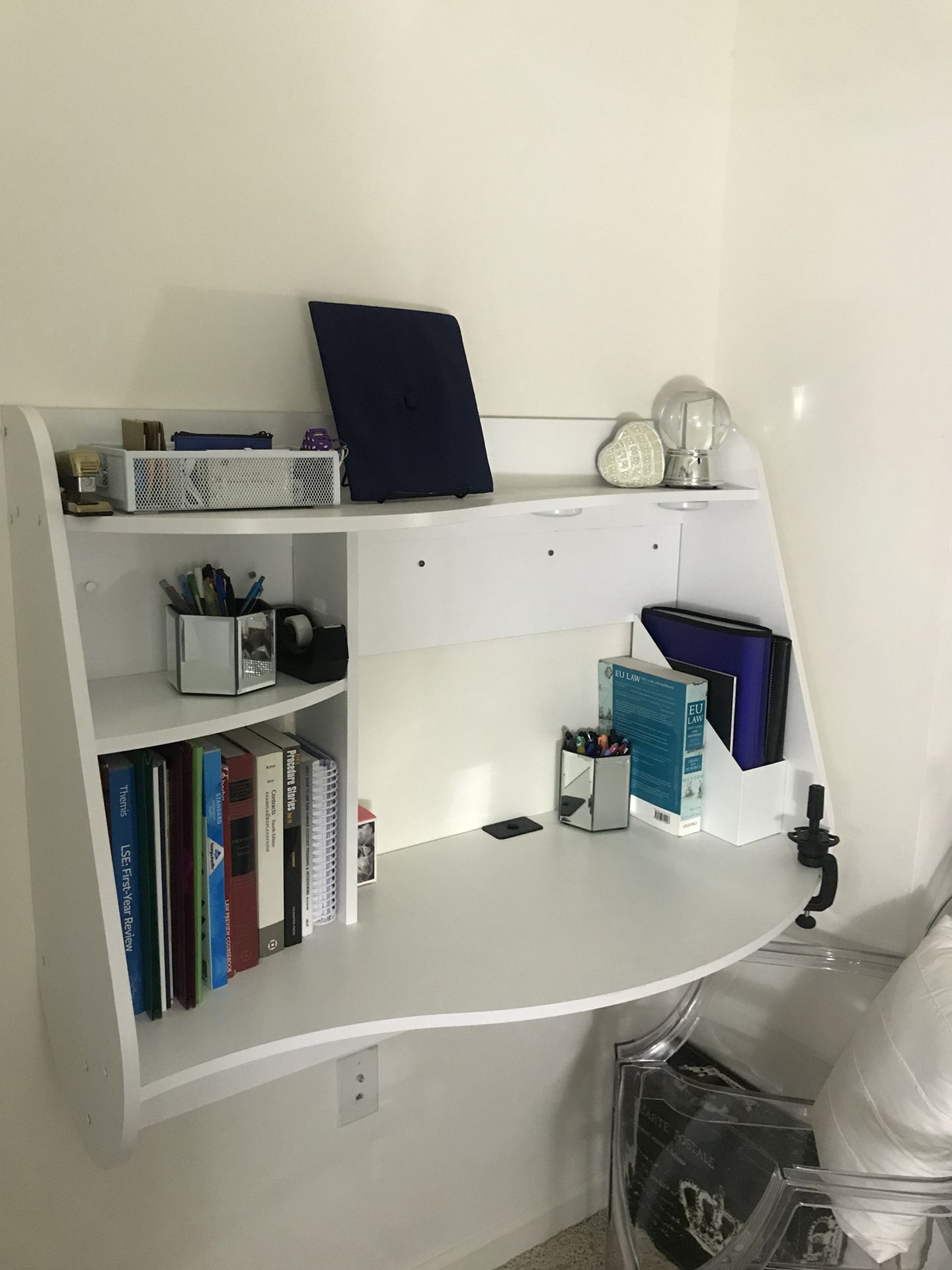 NEW FLOATING MOUNTED WHITE DESK WITH STORAGE AND CORD ORGANIZER