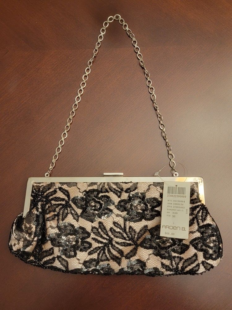 NWT Arden B Beaded/Sequin Black Lace Clutch Purse Bag with Silver Chain